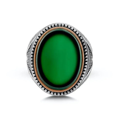 Silver Antique Turkish Green Agate Stone Oval Master Hand Ring