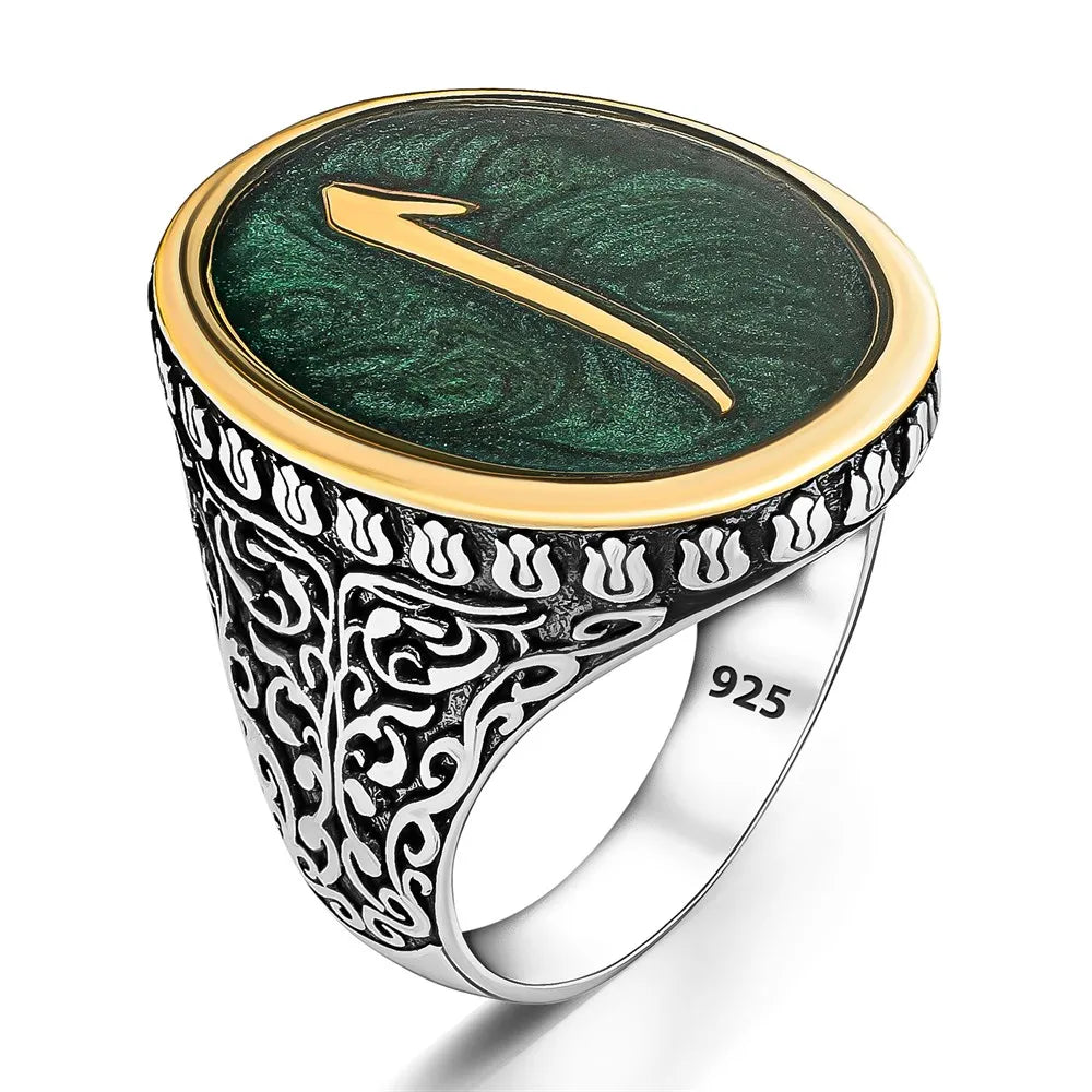 Elegant Ring in 925 Sterling Silver Ottoman Green Arabic Elif Motif Rings