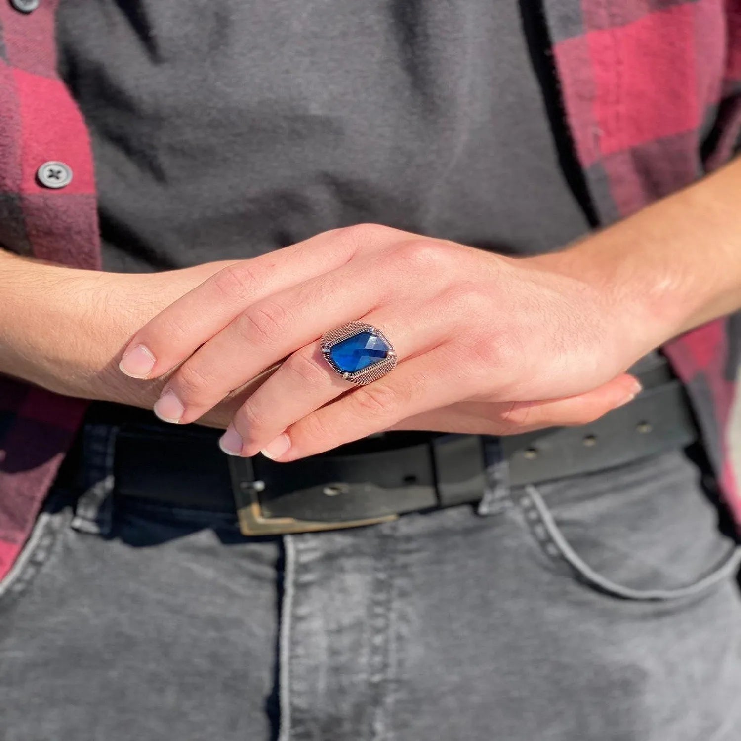 925 Sterling Silver Rectangular Blue Zircon Men's Ring Exclusive Ring for Men Zirconia Ring Special Access Made in Turkey AMULET RING STORE