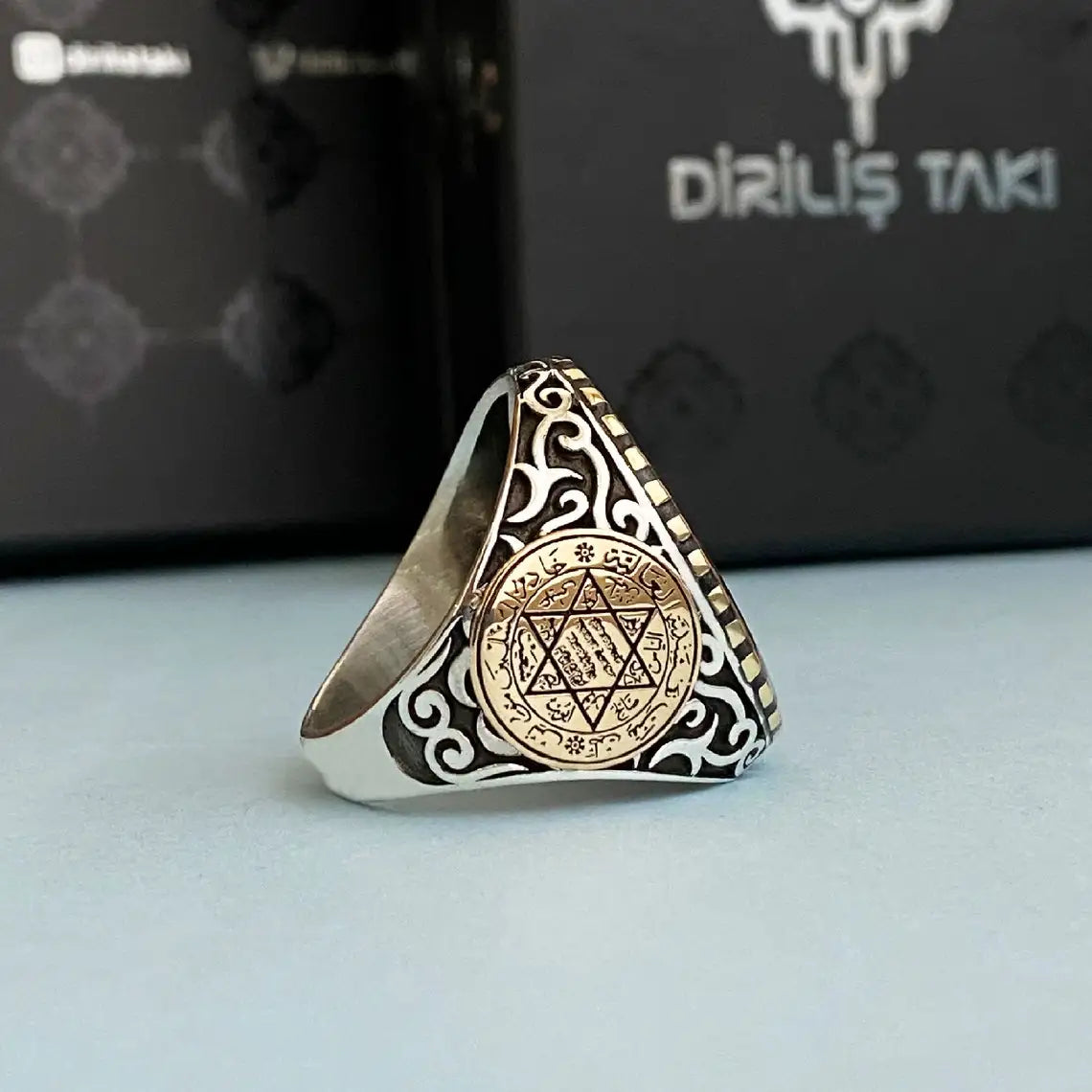 Natural Blue Enamel Seal Of Solomon David Star Men's Ring Cool Engraved Ring