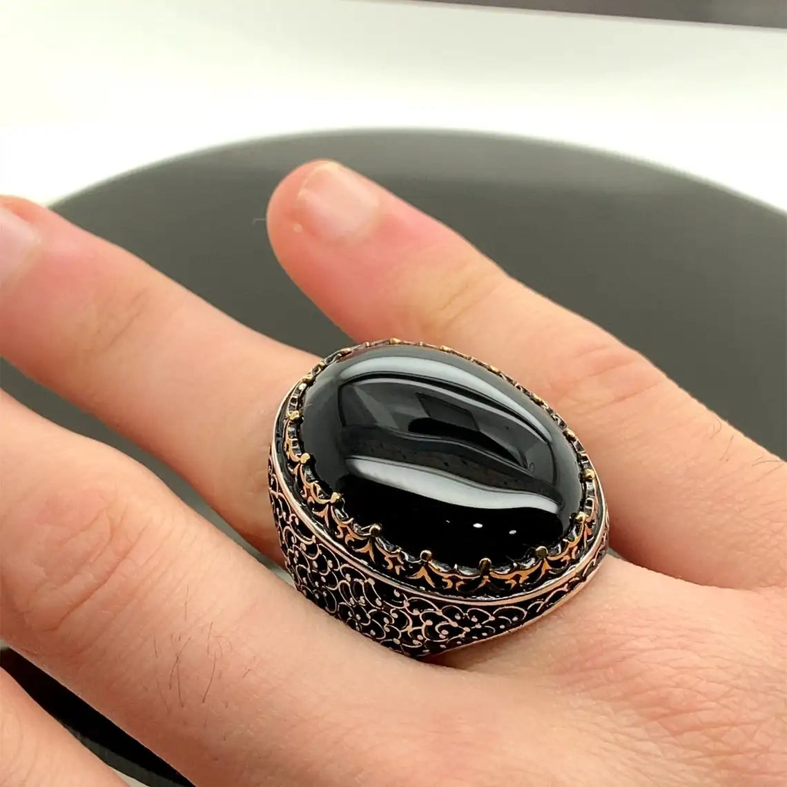 925 Sterling Silver Black Onyx Stone Men's Ring, Ottoman Jewelry Hand Made