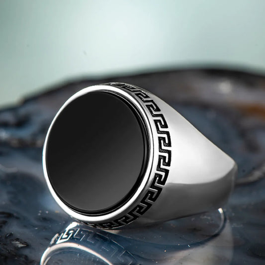 925 Sterling Silver Round Black Onyx Stone Men's Ring Exclusive Access for Men Special Plain Ring Made in Turkey AMULET RING STORE