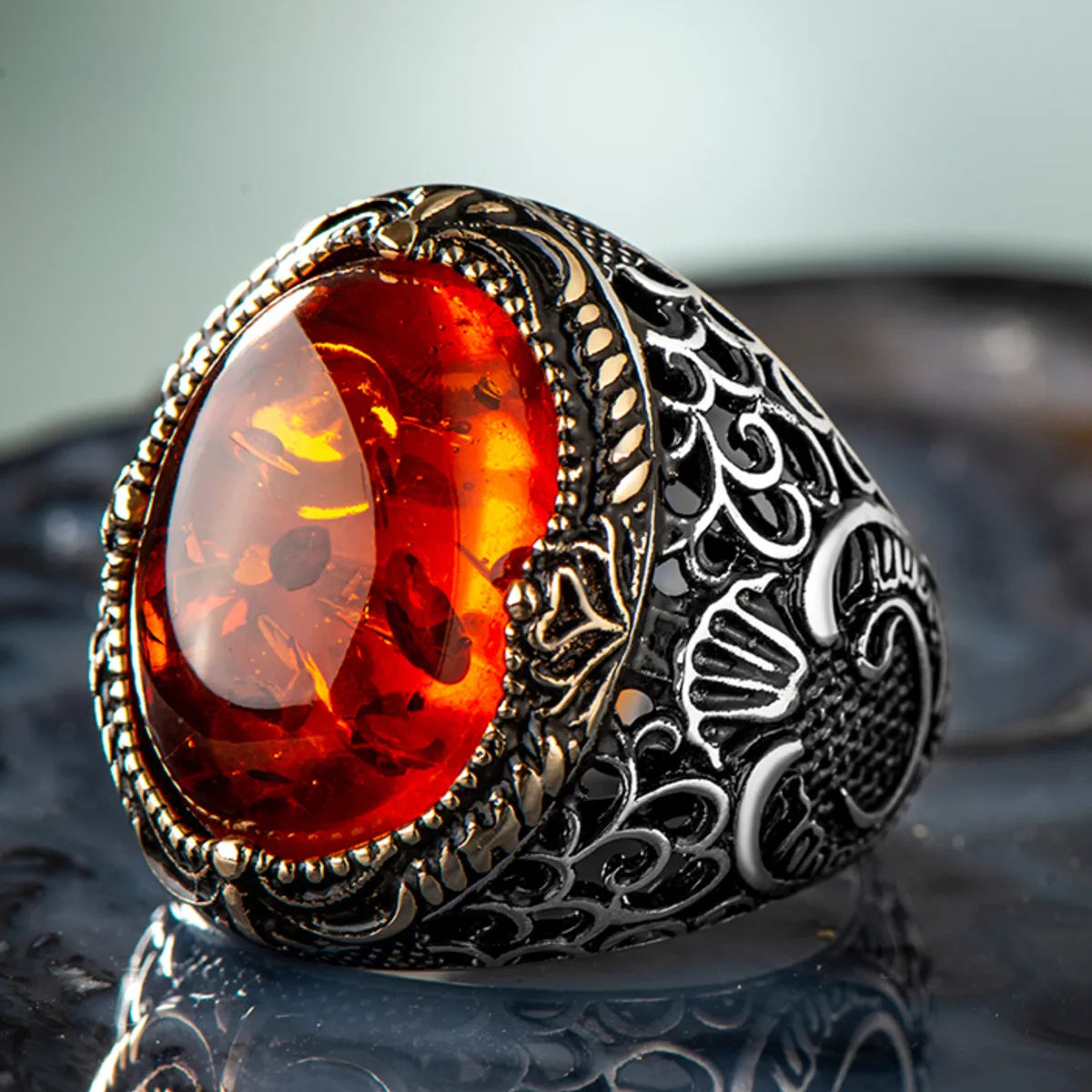 925 Sterling Silver Synthetic Orange Stone Men's Ring with Arabic Letter Wav Big Ring Exclusive Accessory for Men Made in turkey AMULET RING STORE