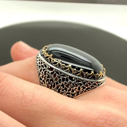 925 Sterling Silver Black Onyx Stone Men's Ring, Ottoman Jewelry Hand Made