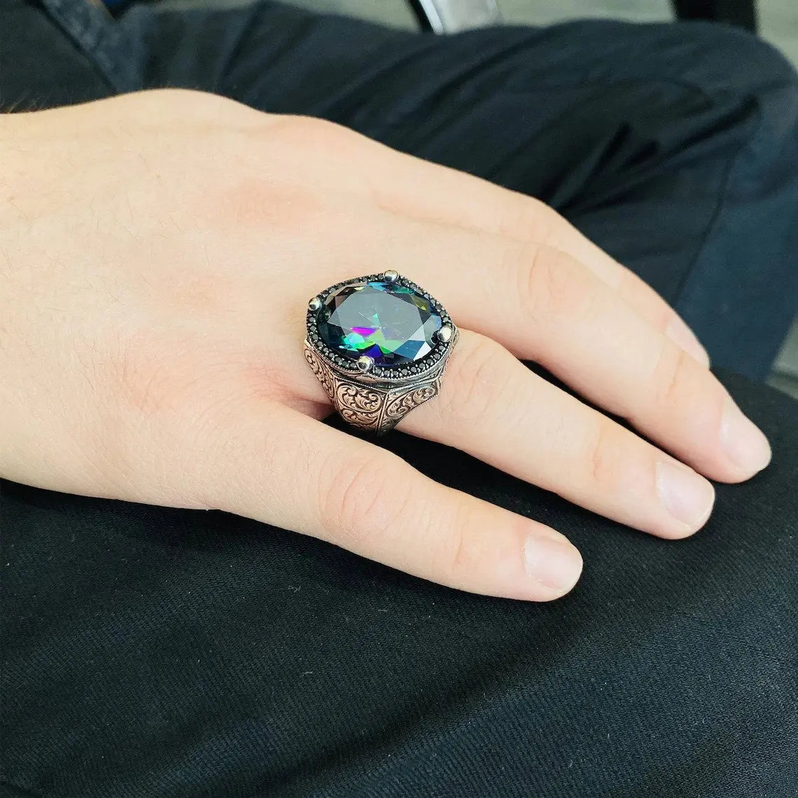 Genuine 925 Sterling Silver Ring for Men's Mystic Topaz King Crown Design Victorian Occult Fashion Jewelry Gift AMULET RING STORE