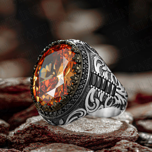 Elegant Solid 925 Sterling Silver Champagne Topaz Men's Ring With Zircon Stone High Quality Shiny Jewelry Gift For Him