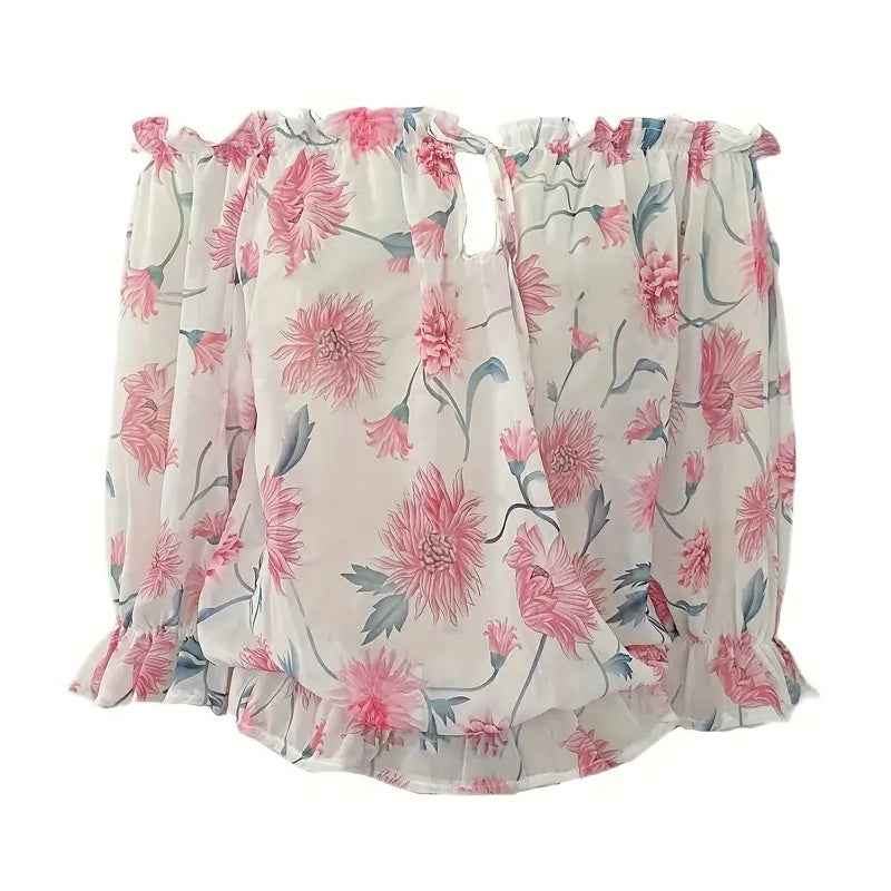 Womens Summer Off Shoulder Blouse Floral Print Ruffle Sleeve Casual Chiffon Tops Shirts