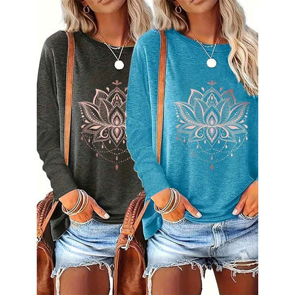 2 Pack Flowers Graphic Long Sleeve Tees Shirts For Women Casual Loose Fitted Tshirts Boho Wildflower Trendy Tops