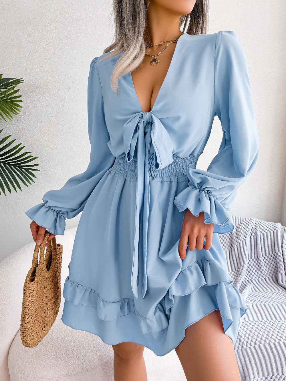 Summer Dresses Solid Color V-neck Long Sleeve Dress For Women Sexy V-neck Lace Up A-line Dress Women's Beach Dress