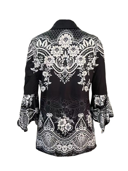 Spring Autumn New Printed Lapel Three-quarter Sleeve T-shirt Irregular Cuff Button Top