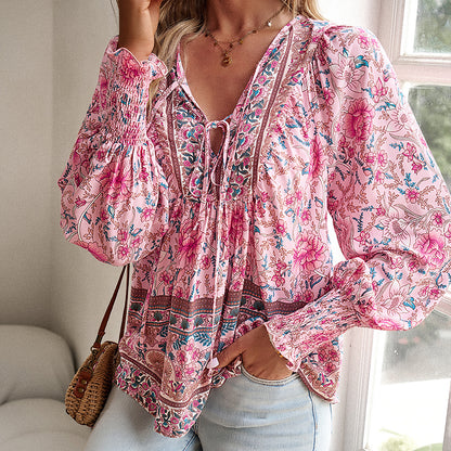 Wpmens Boho Chic Long Sleeve Blouse Floral Print V-Neck Top With Lace-Up & Drawstring Detail Elegant Vacation Shirt