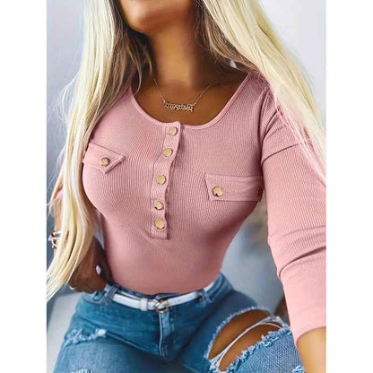 Womens Long Sleeves Ribbed Knit Tunic Shirts Scoop Neck Button-Up Tops Slim Fit Blouses