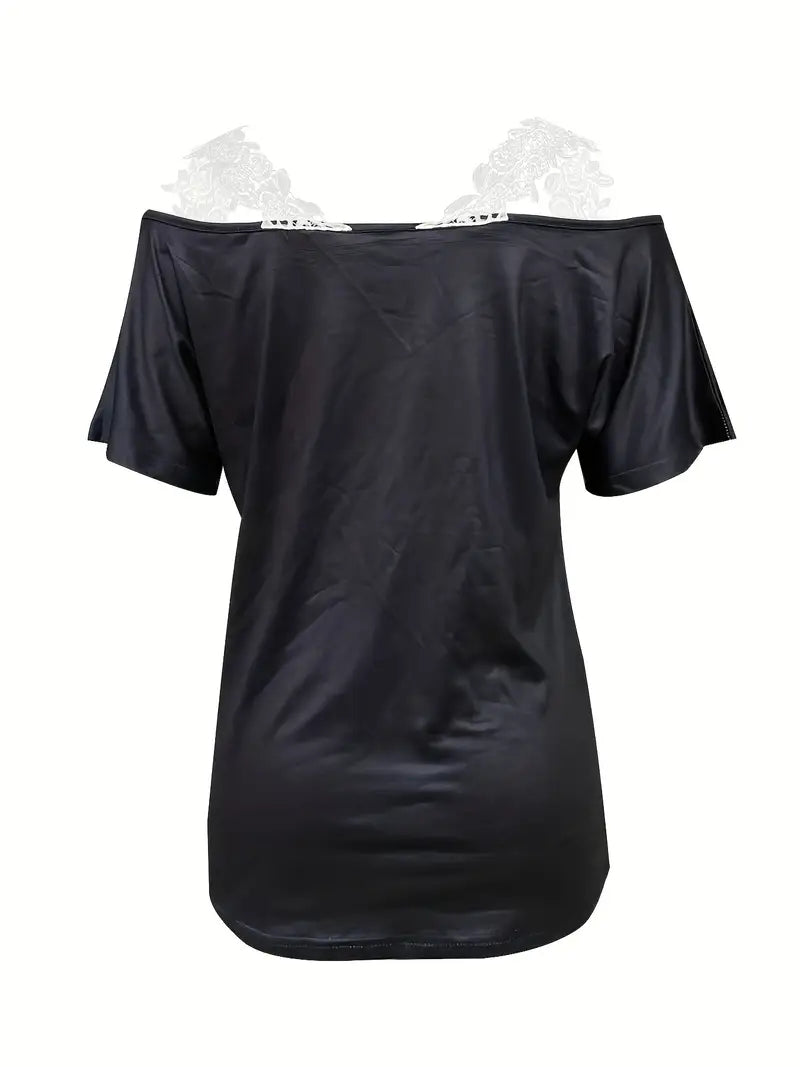Spring Summer New Floral Print V-neck T-shirt Lace Casual Off-the-shoulder Short-sleeved Top