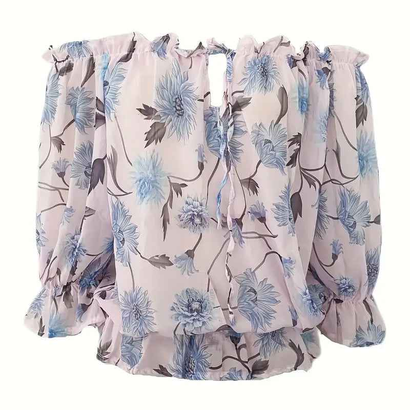 Womens Summer Off Shoulder Blouse Floral Print Ruffle Sleeve Casual Chiffon Tops Shirts