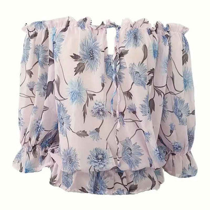 Womens Summer Off Shoulder Blouse Floral Print Ruffle Sleeve Casual Chiffon Tops Shirts