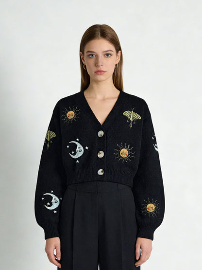 New Women's Embroidery Button Knitted Cardigan Sweater With Sun And Moon Pattern Lantern Sleeves V-neck Cardigan Top