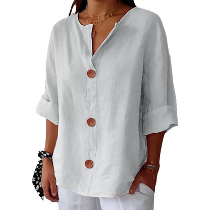 Loose Comfort And Casual V-neck Cotton And Linen Button Top
