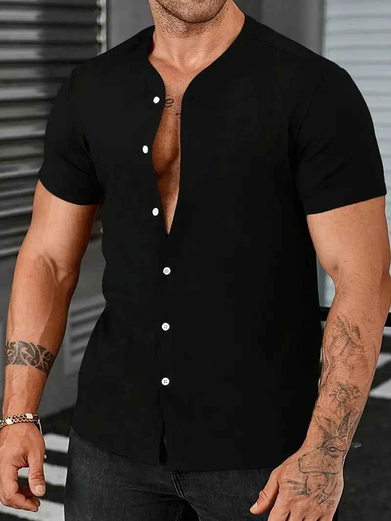 New Cardigan Stand Collar Men's Short-sleeve Shirts