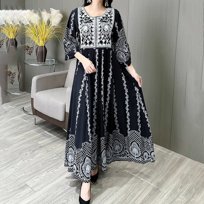 Women's Ethnic Style Floral Embroidered Dress, Elegant 3 4 Sleeve Swing Dress