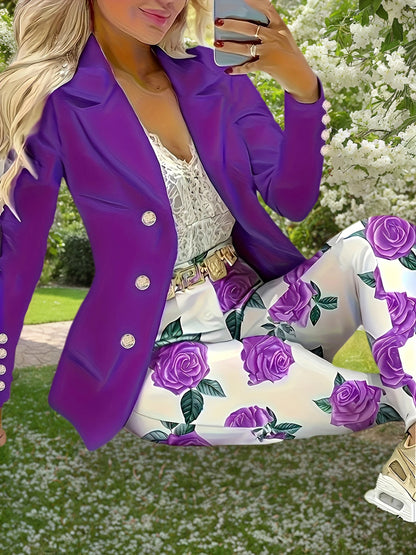 New Elegant And Fashionable Casual Floral Print Set, Double Breasted Purple Suit Jacket And Floral Print High Waisted Slim Pants, Spring And Autumn Women’s Clothing