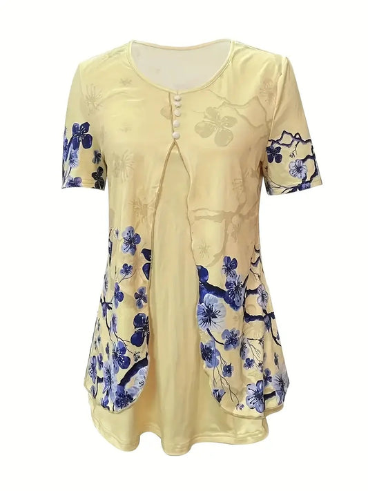 Summer New Short-sleeved Printed Fake Two-piece T-shirt V-neck Fashion Spike Top