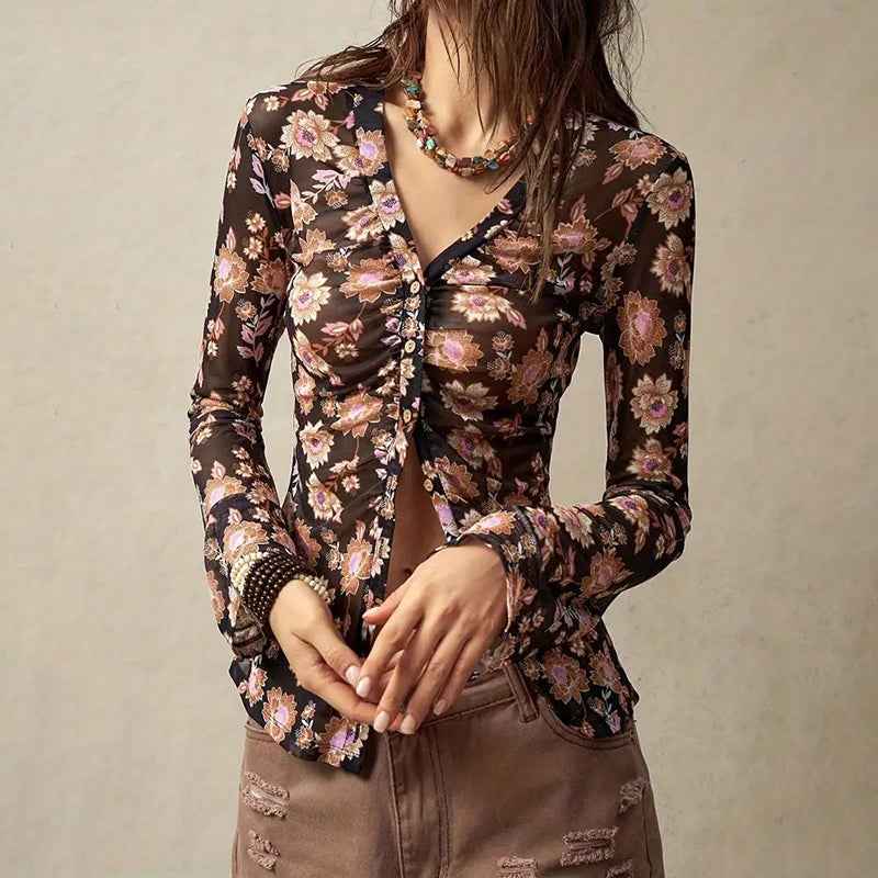 Women Button Down Floral Shirts 2025 Fall Trendy Long Sleeve V Neck Ruched Fitted Blouse Tops