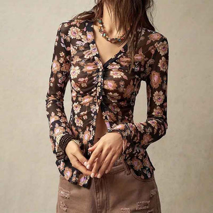 Women Button Down Floral Shirts 2025 Fall Trendy Long Sleeve V Neck Ruched Fitted Blouse Tops