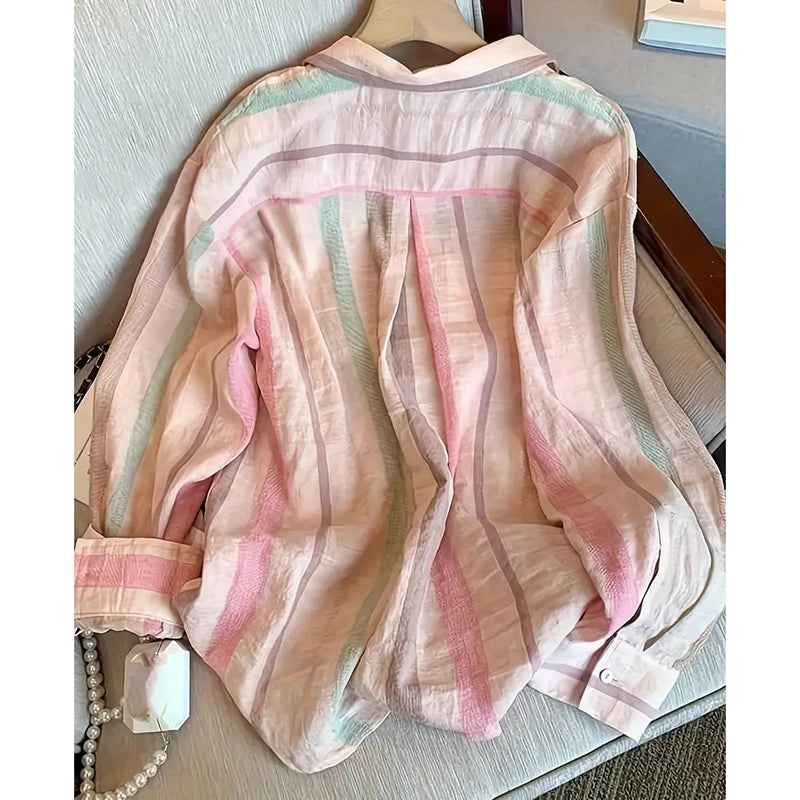 Womens Button Down Shirts Stylish Striped Long Sleeve Collared Office Work Blouses Tops