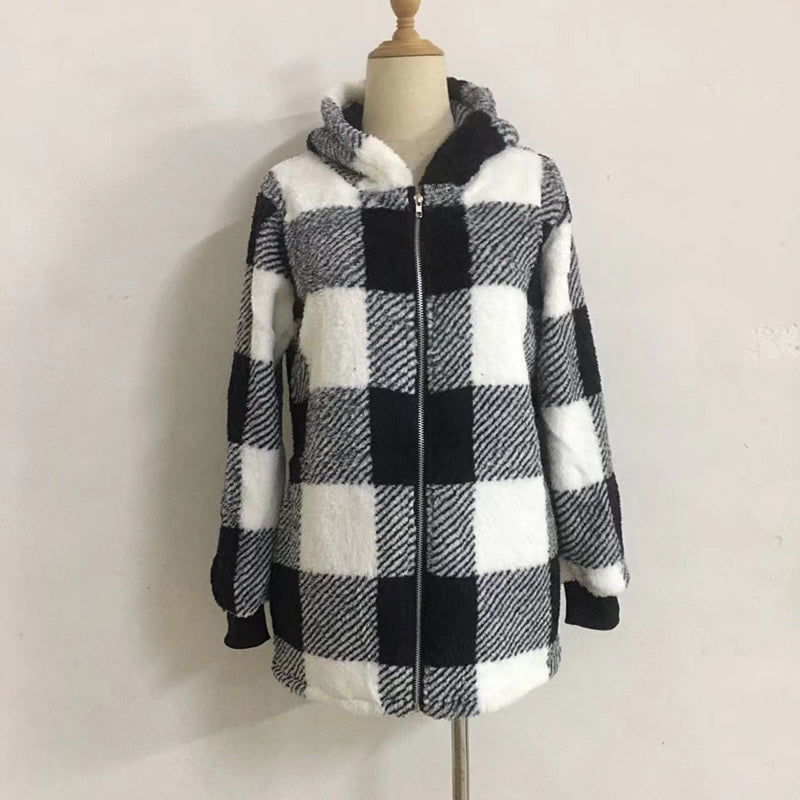 Women's Plaid Hooded Jacket, Long Sleeve Zip Up Oversized Coat With Pockets For Winter Casual And Commute