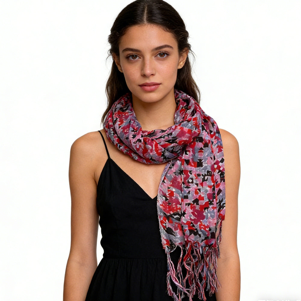 Red Printed Viscose Scarf - Flowy Long Scarf For Dresses 67inchx24inch