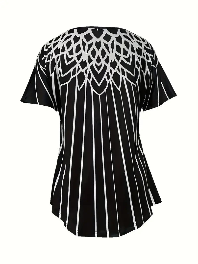 Summer New Printed Striped Short-sleeve Square Neckline Casual T-shirt