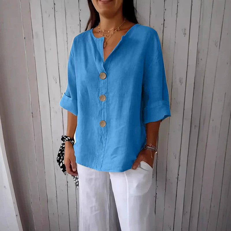 Loose Comfort And Casual V-neck Cotton And Linen Button Top