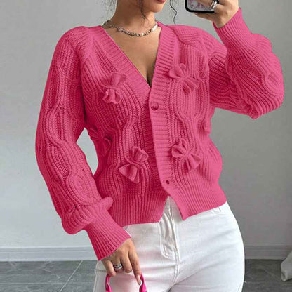 Women's Bow Cropped Cardigan - Long Sleeve V-Neck Button Down Knit Sweater Top
