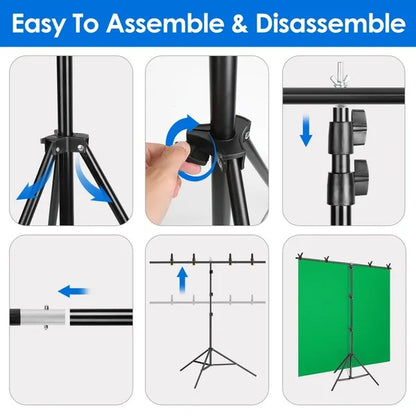 6.5x8.5FT T Shape Photo Video Backdrop Stand Heavy Duty Background Stand Adjustable Photography Backdrop Stand With 6 Spring Clamps Sandbag Carry Bag For Studio Party Wedding