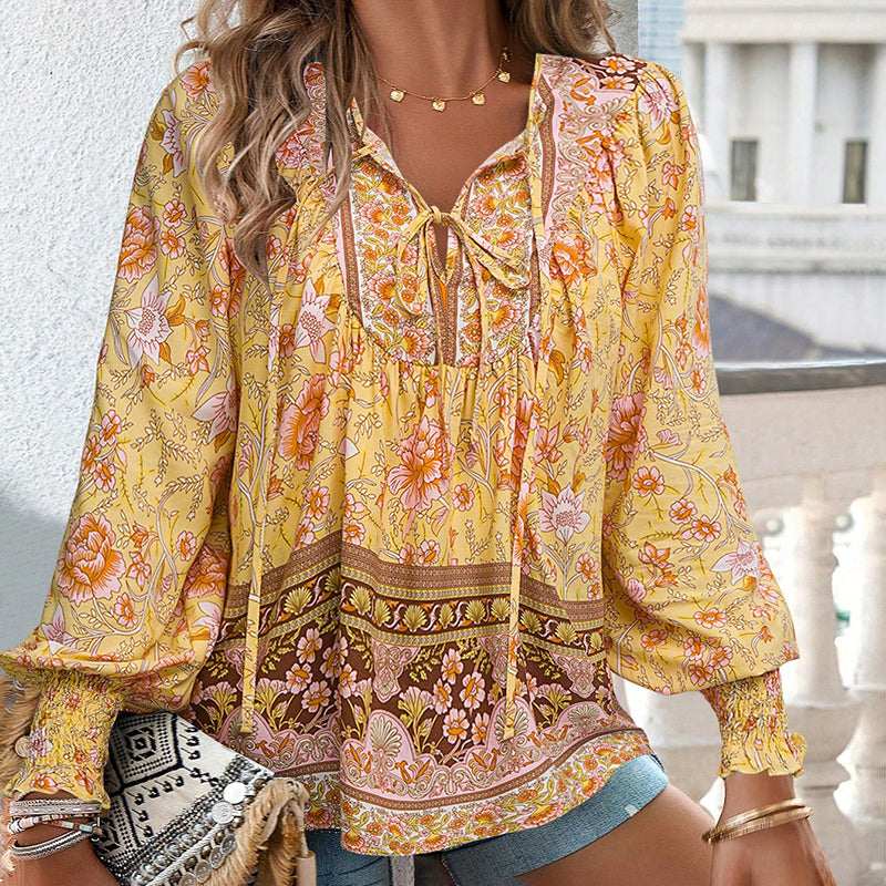 Wpmens Boho Chic Long Sleeve Blouse Floral Print V-Neck Top With Lace-Up & Drawstring Detail Elegant Vacation Shirt