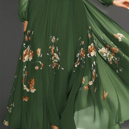 Women's Green Off-Shoulder Floral Print Dress With Puff Sleeves - Flowy A-Line Maxi Evening Dress