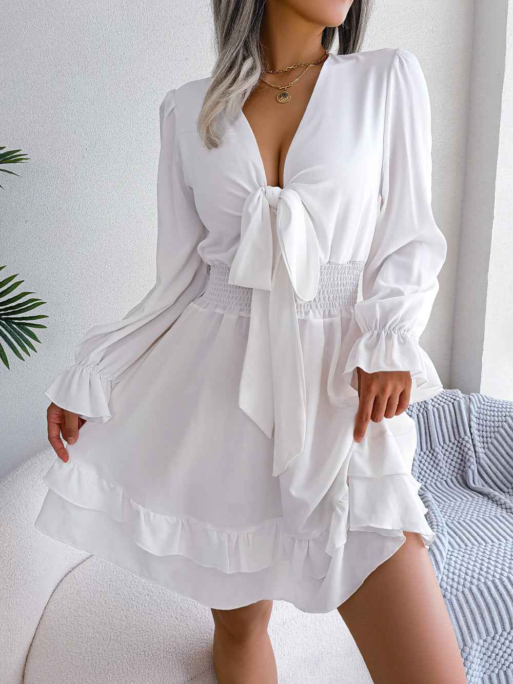 Summer Dresses Solid Color V-neck Long Sleeve Dress For Women Sexy V-neck Lace Up A-line Dress Women's Beach Dress