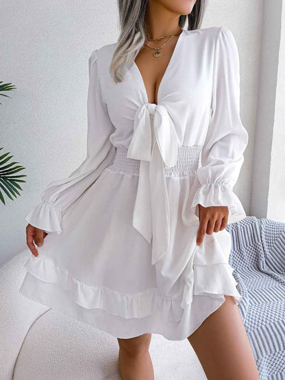 Summer Dresses Solid Color V-neck Long Sleeve Dress For Women Sexy V-neck Lace Up A-line Dress Women's Beach Dress