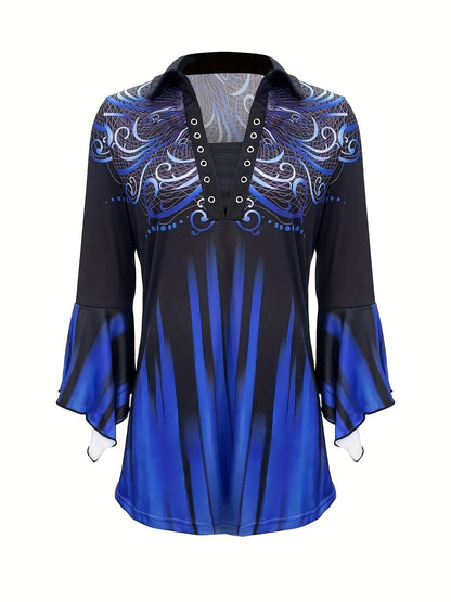 Spring And Autumn New Printed Lapel Blue Three-quarter Sleeve T-shirt Irregular Cuff Button Top