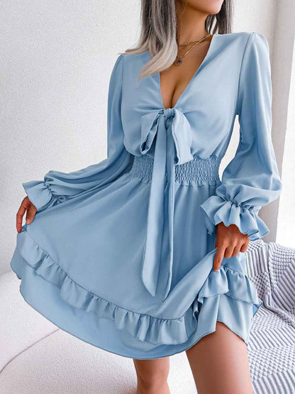Summer Dresses Solid Color V-neck Long Sleeve Dress For Women Sexy V-neck Lace Up A-line Dress Women's Beach Dress