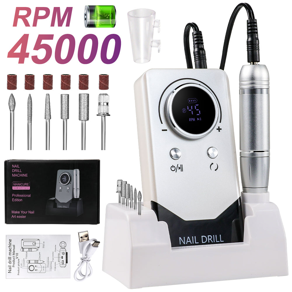 Electric 45000RPM Nail Drill Machine Rechargeable Portable Nail File Electric DIY Nail Drill Kit With Smart LCD Screen For Gel Nail Manicure And Pedicure Reflective Body Etc
