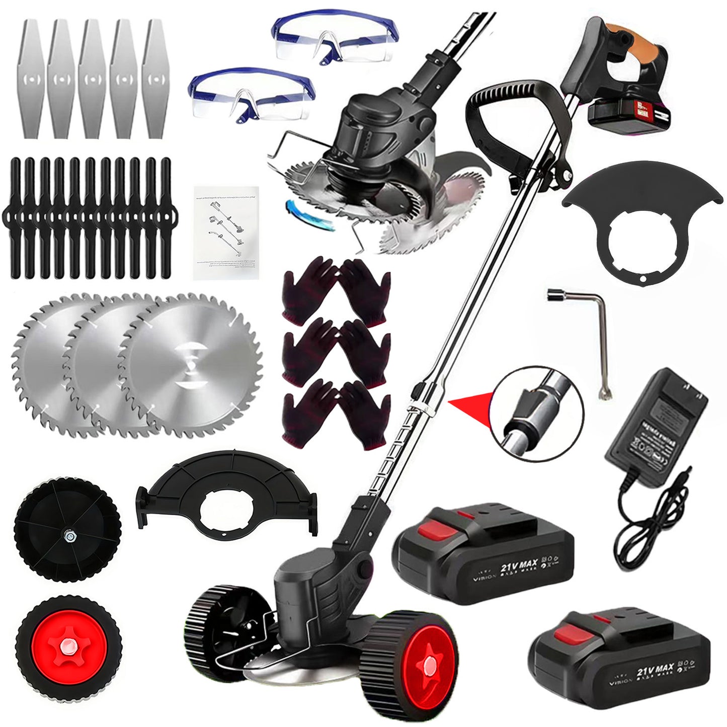 21V Cordless 3-in-1 Electric Weed Eater with Wheels & 2 Batteries