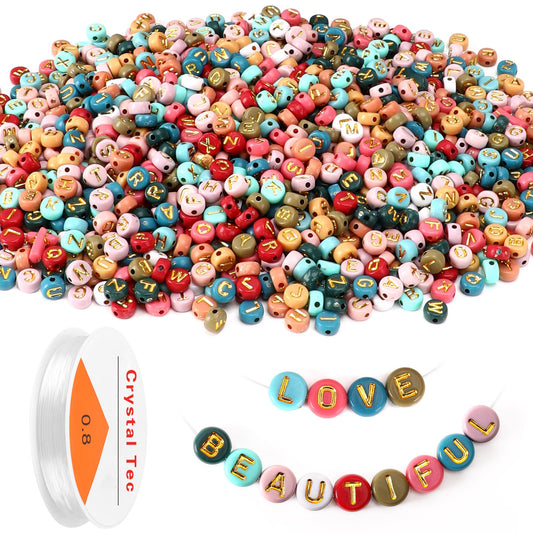 Colored Letter Beads, 1900Pcs 4x7mm Colorful Gold Acrylic Alphabet Beads With 1 Roll Elastic String For Bracelet Necklace Jewelry Making Supplies