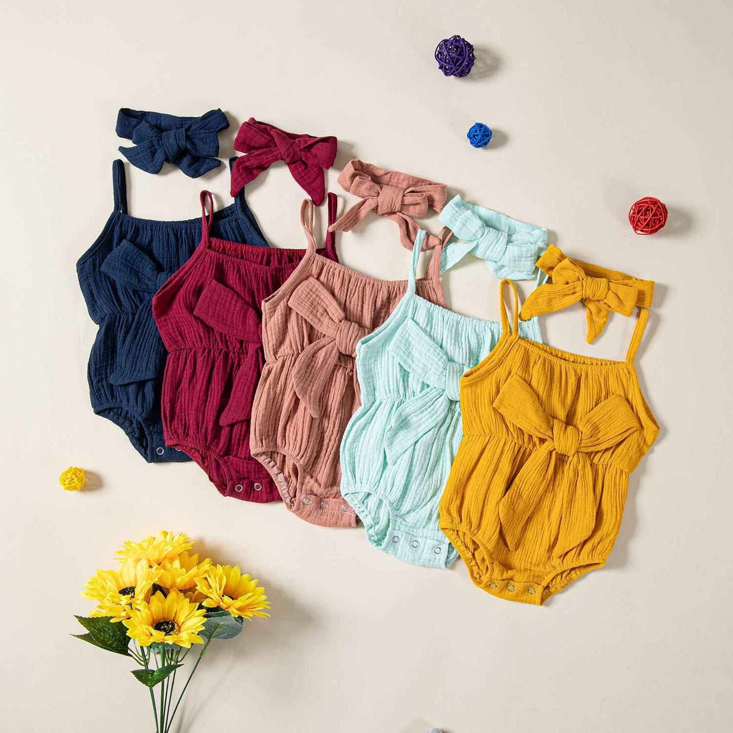 Children's Clothing Ins Summer Infant Sling Romper Solid Color Bow Baby Jumpsuits