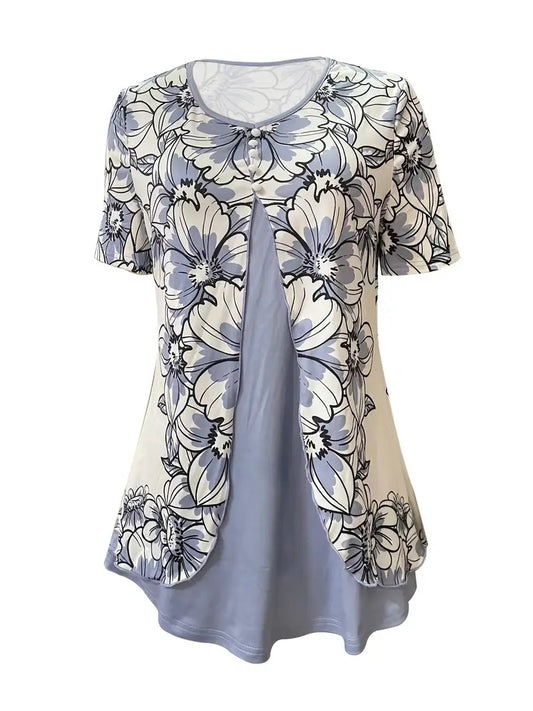 Summer New Short-sleeved Printed Fake Two-piece T-shirt V-neck Fashion Spike Top