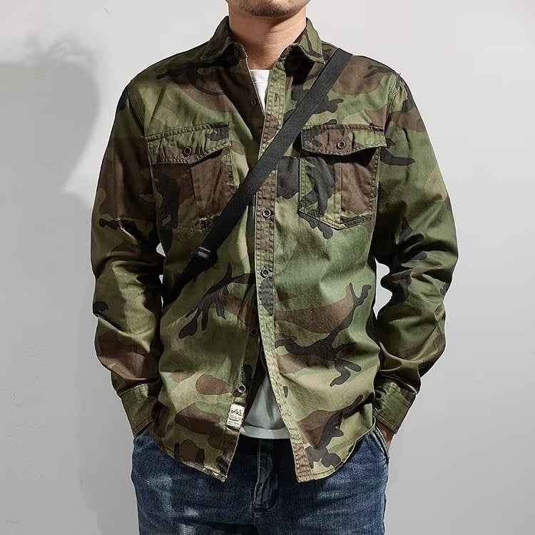 Men's Distressed Washed Camouflage Collar Casual Jacket