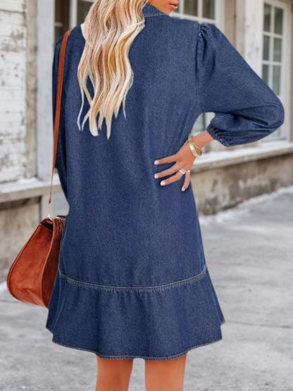 New Women's Casual Doll Dress With V-neck, Three-quarter Length, Puffed Sleeves, And Denim Material