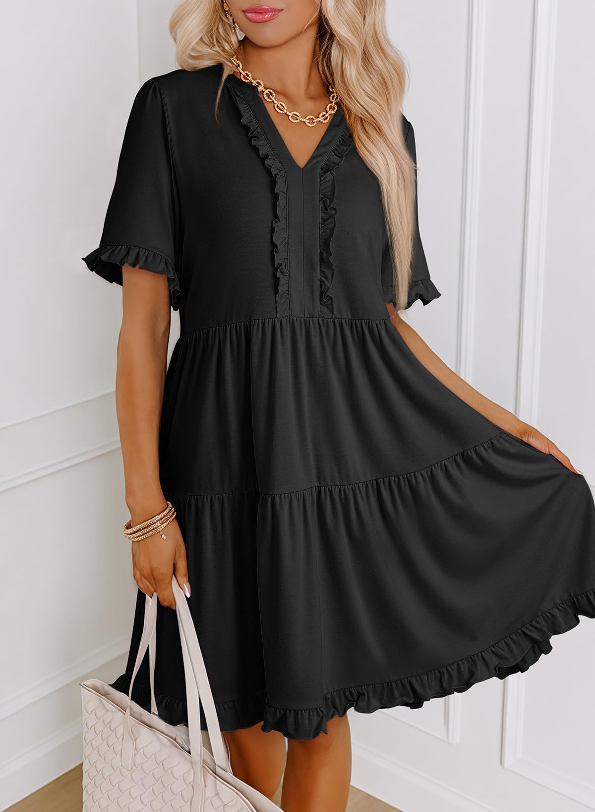 Womens Dresses Summer Spring V Neck Short Sleeve Casual A Line Flowy Swing Dress Mini Dress