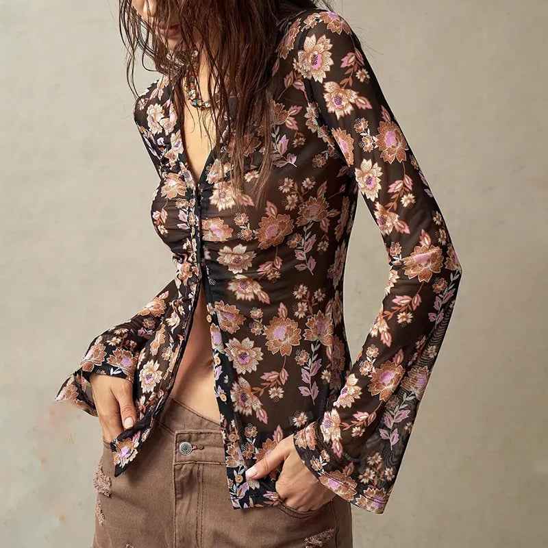 Women Button Down Floral Shirts 2025 Fall Trendy Long Sleeve V Neck Ruched Fitted Blouse Tops