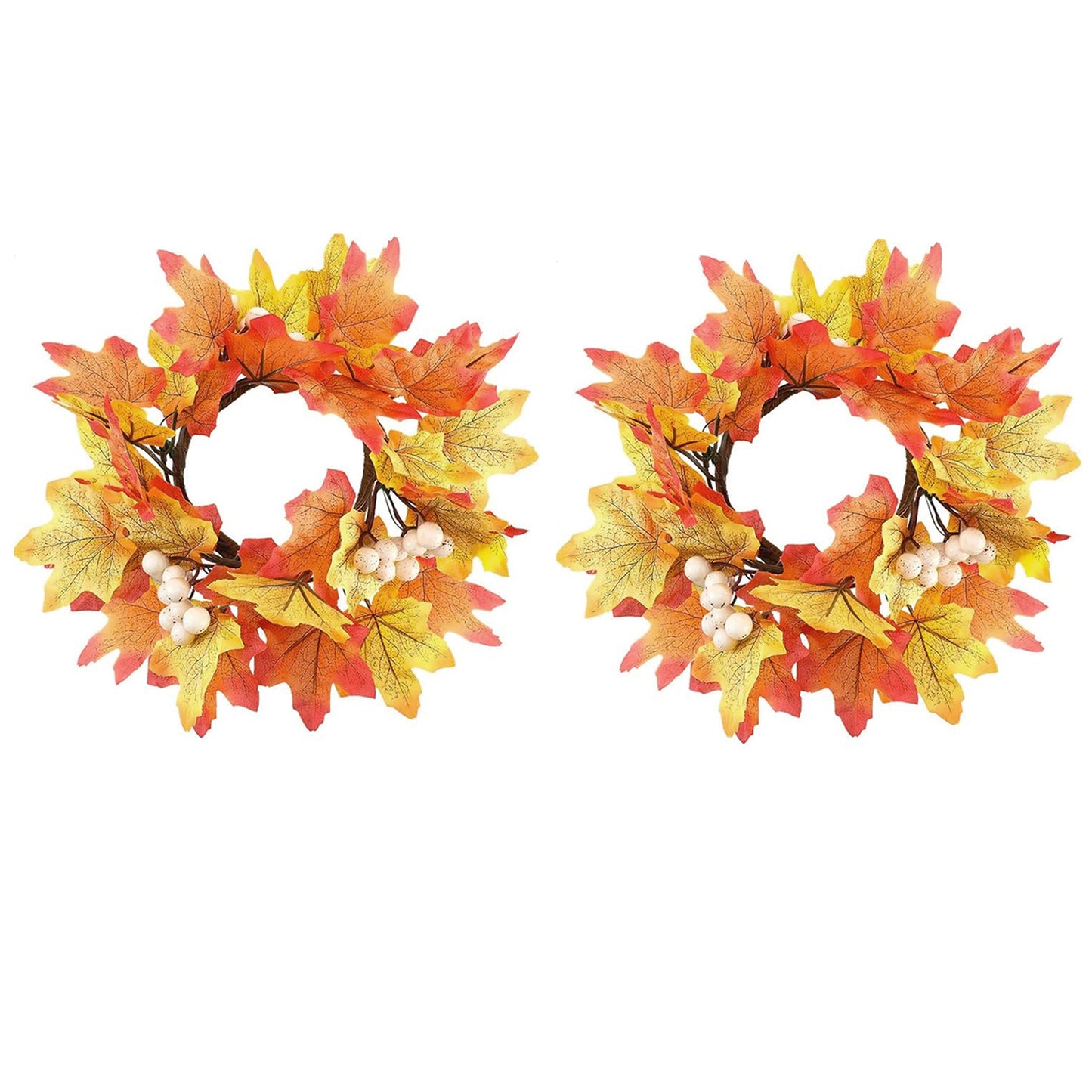 2-Pack 9.8" Fall Candle Ring Wreaths - Maple Leaf & Sunflower Decor